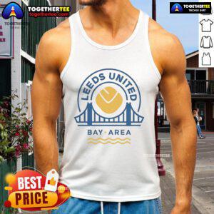 Stylish tank top featuring Golden State Warriors and Leeds United logos, perfect for Bay Area sports fans.