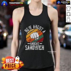 Boxing coach in a tank top demonstrating a punch, featuring 'How About A Knuckle Sandwich' design for boxing enthusiasts.