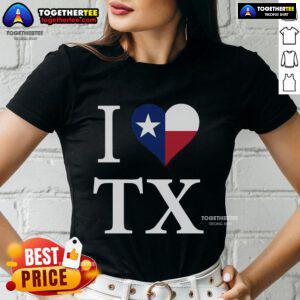 Stylish 'I Love Texas' TX flag ladies tee featuring vibrant colors, perfect for Texas pride and casual wear.