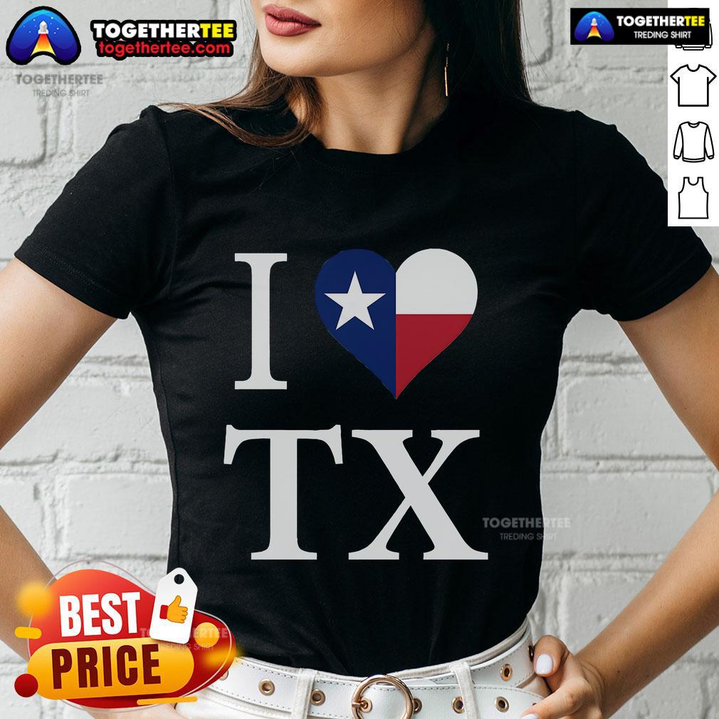 Stylish 'I Love Texas' TX flag ladies tee featuring vibrant colors, perfect for Texas pride and casual wear.