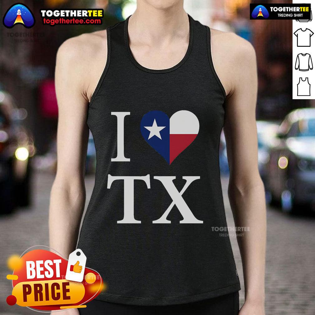 Alt Text: Stylish 'I Love Texas' tank top featuring the Texas flag, perfect for summer wear and Texas pride.