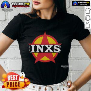 Top INXS Circle Logo Ladies Tee featuring a stylish design with the iconic INXS logo for fans and fashion lovers.