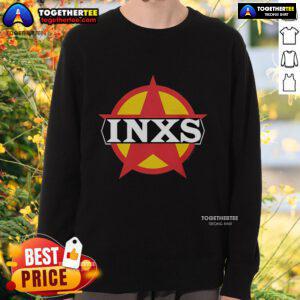 Top INXS Circle Logo Sweatshirt featuring iconic band logo in vibrant colors on a cozy, stylish pullover design.
