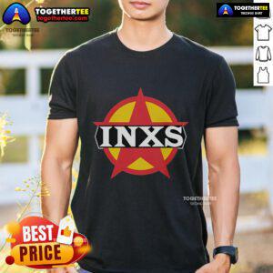 Alt Text: Top INXS Circle Logo T-Shirt featuring a bold INXS logo design on a stylish black tee for fans.