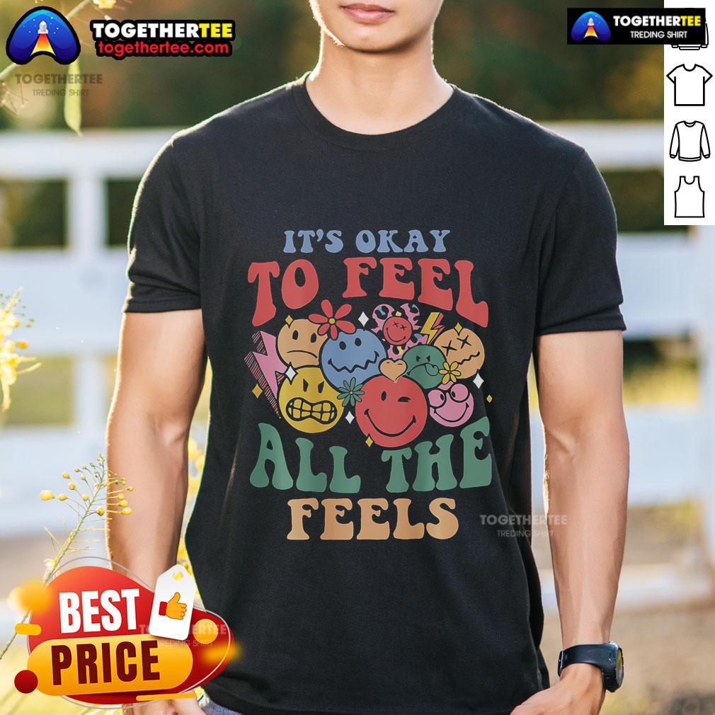 Groovy 'It's Okay To Feel All The Feels' Mental Health T-shirt showcasing vibrant colors and positive vibes for mental wellness.