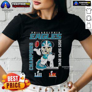 Top Mickey Philadelphia Eagles 2025 LII LIX Super Bowl Champions ladies tee featuring a vibrant design and team logo.
