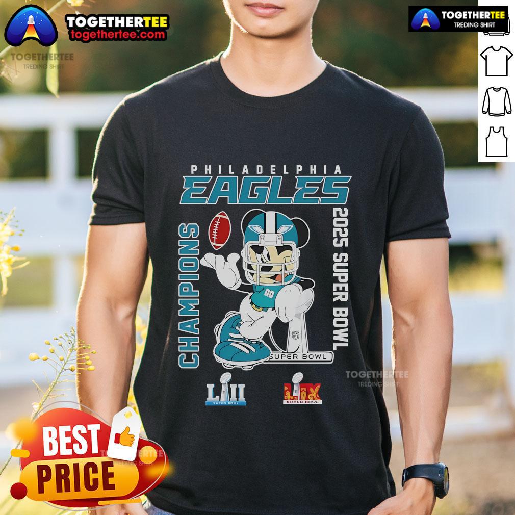 Alt Text: Top Mickey Philadelphia Eagles 2025 LII LIX Super Bowl Champions T-Shirt featuring vibrant team graphics and logo.
