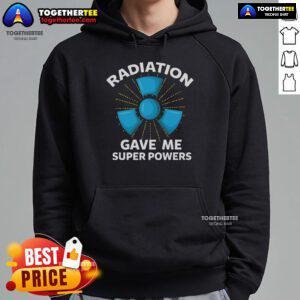 Top Radiation Gave Me Superpowers Hoodie featuring a vibrant design and bold text for superhero fans.