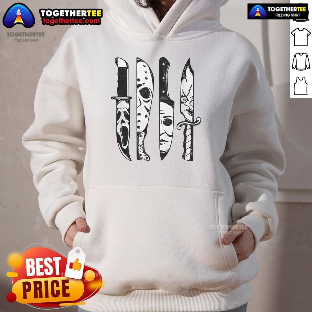 Top scary horror movies Halloween costume hoodie featuring iconic characters, perfect for spooky season outfits.