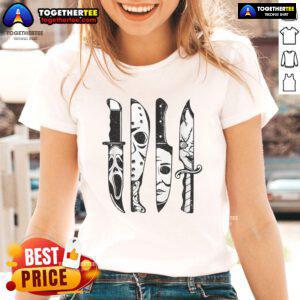 Alt Text: Ladies' tee featuring top scary horror movies for Halloween costumes, perfect for Halloween enthusiasts.