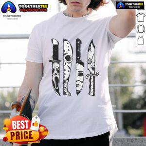 Top Scary Horror Movies Halloween Costume T-Shirt featuring iconic horror film graphics and a spooky design for Halloween.
