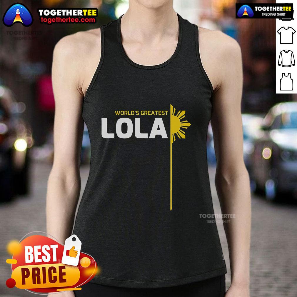 Filipino grandma wearing a 'Top World's Greatest Lola' tank top, celebrating her heritage in the Philippines.