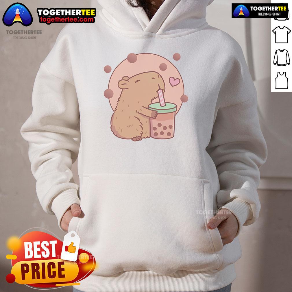 Cute capybara in a bubble tea hoodie, showcasing the lovely capyboba design with vibrant colors and playful expression.