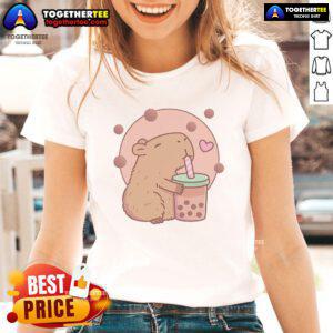 Adorable capybara enjoying bubble tea, featured on a stylish ladies' tee, perfect for capybara and boba milk tea lovers.