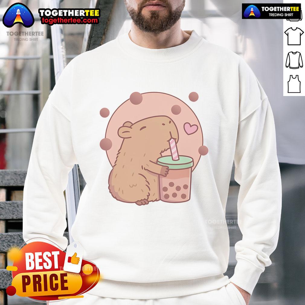 Cozy sweatshirt featuring a cute capybara enjoying bubble tea, perfect for capyboba and boba milk tea lovers.
