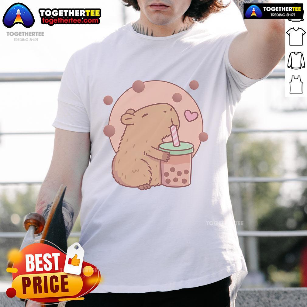 Adorable capybara enjoying bubble tea on a stylish 'Capyboba' T-shirt, perfect for animal lovers and boba enthusiasts.