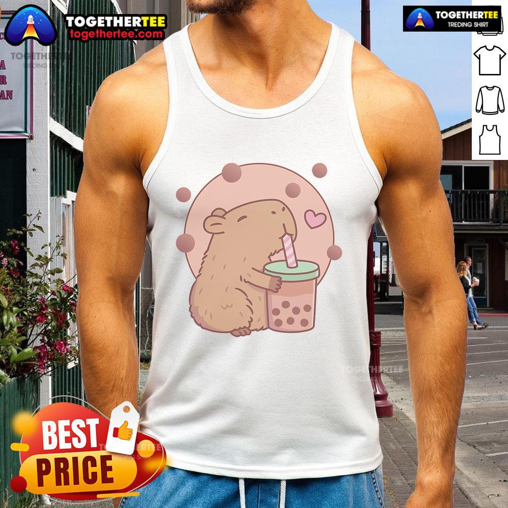 Adorable capybara enjoying bubble tea in a cute tank top, perfect for capyboba and boba milk tea lovers.