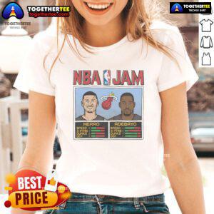 Nice NBA Jam Heat Hero and Adebayo Ladies Tee featuring vibrant graphics of Miami Heat stars for stylish fans.