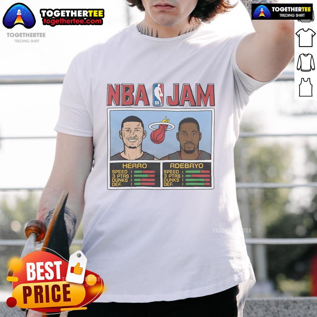 Alt Text: Nice NBA Jam Heat T-Shirt featuring Tyler Herro and Bam Adebayo graphic design, perfect for Miami Heat fans.