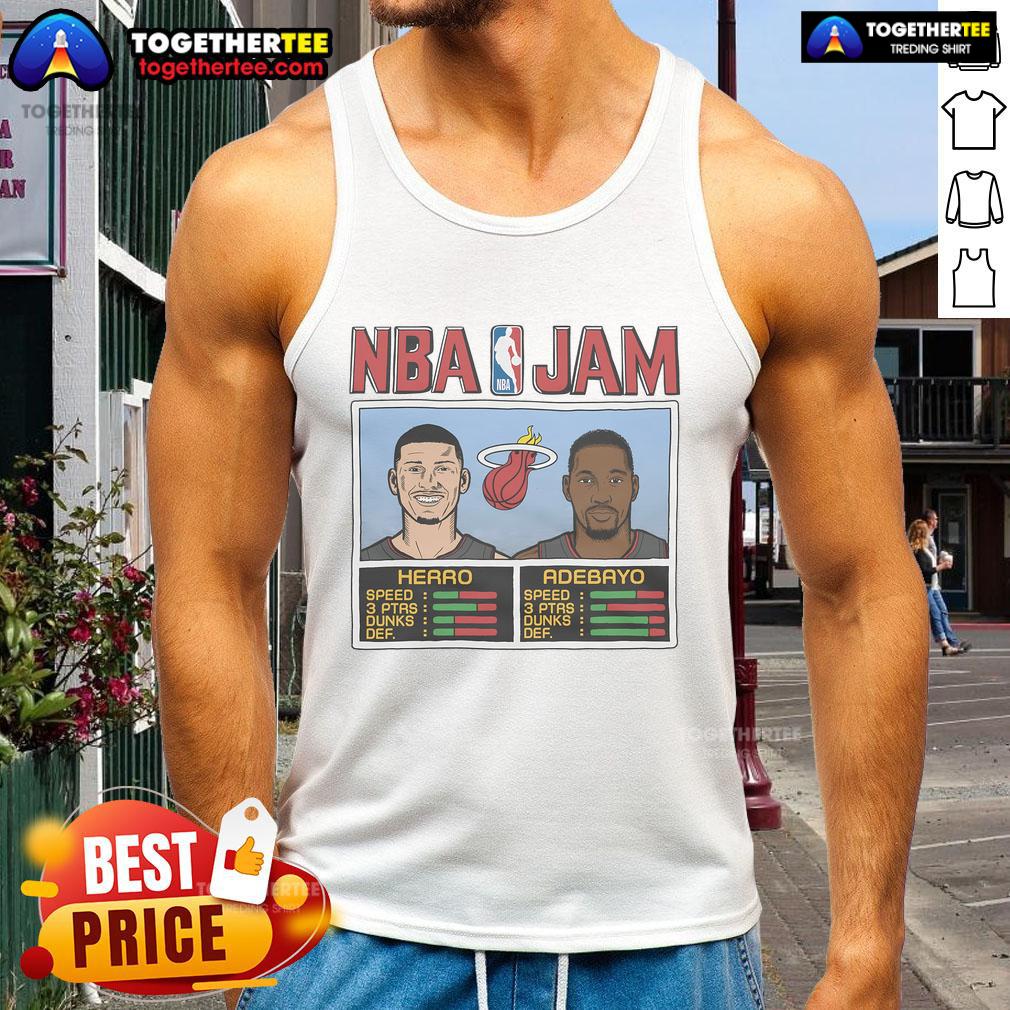 Nice NBA Jam tank top featuring Heat stars Tyler Herro and Bam Adebayo, perfect for basketball fans and fashion lovers.