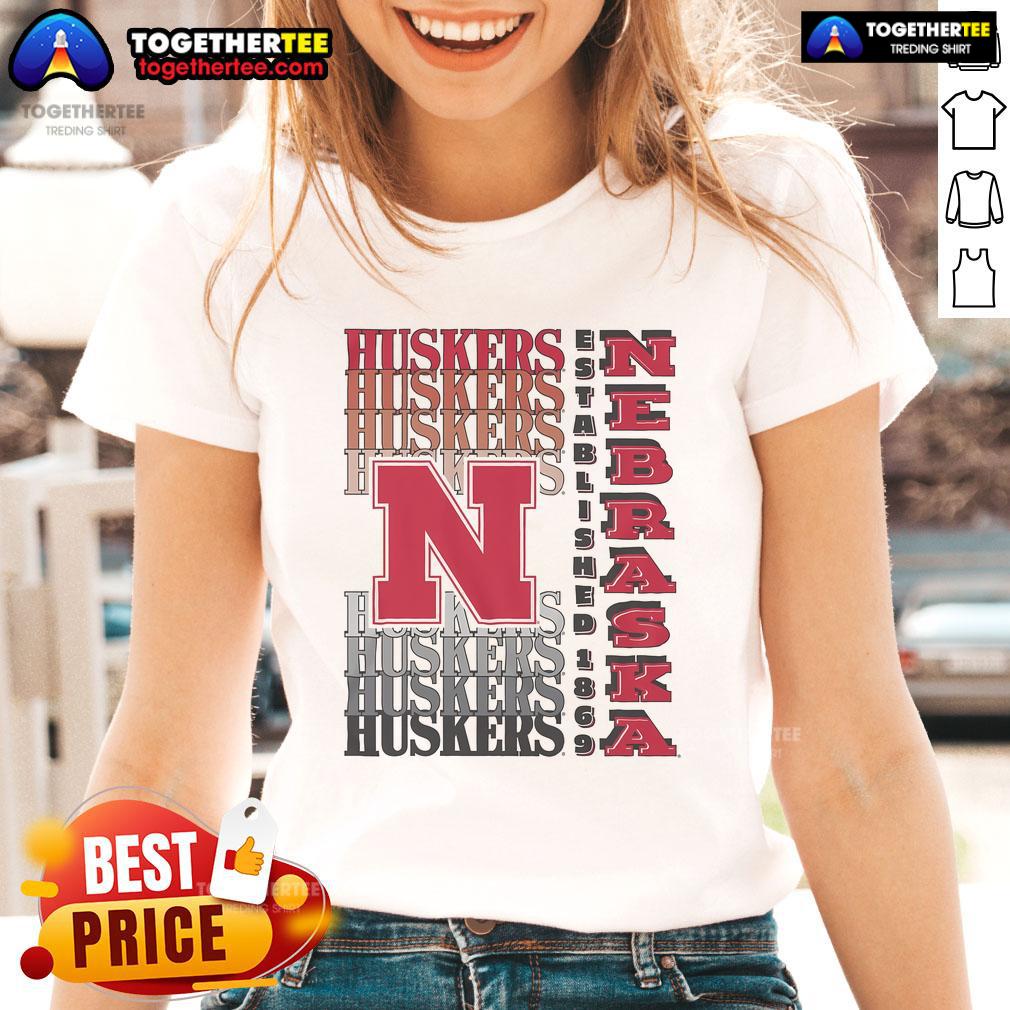 Alt Text: Ladies tee featuring Nice Nebraska Cornhuskers gradient wordmark design, perfect for fans and casual wear.