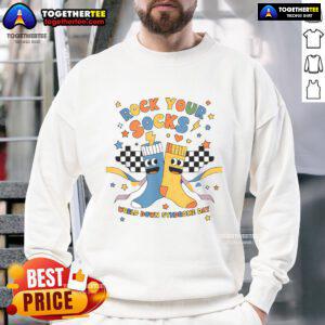 Alt Text: Nice Rock Your Socks World Down Syndrome Awareness Day Sweatshirt in vibrant colors, promoting awareness and support.