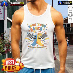 Nice Rock Your Socks World tank top for Down Syndrome Awareness Day, featuring vibrant colors and a playful design.