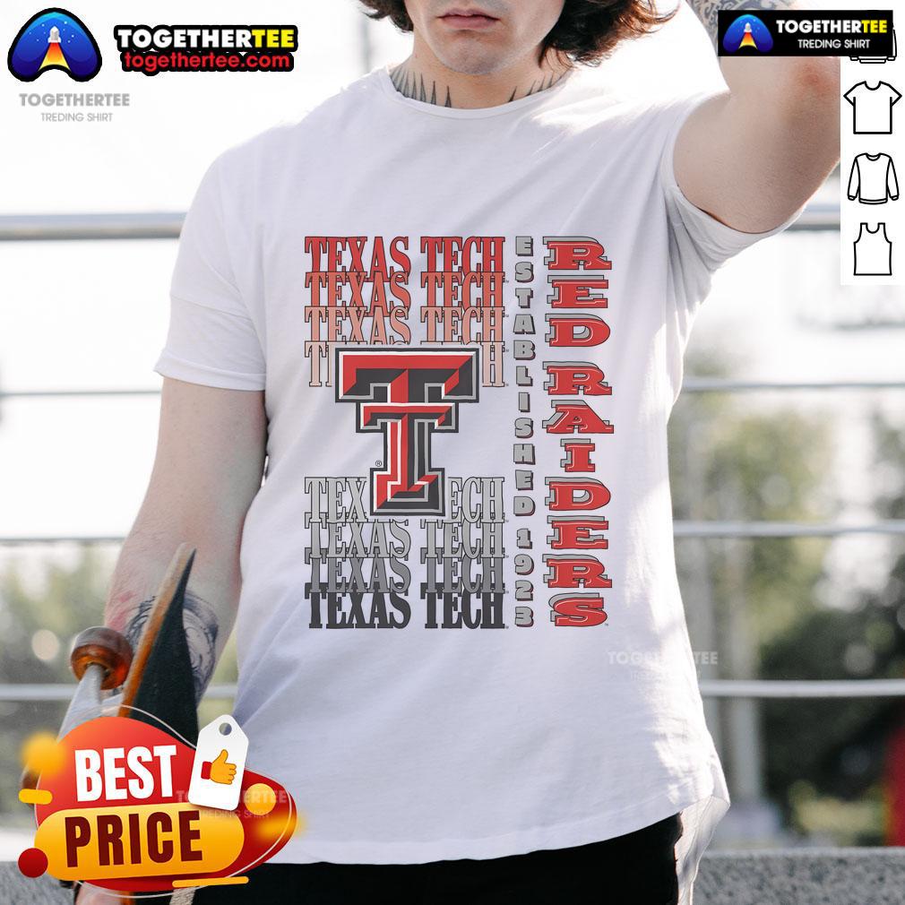 Alt Text: Nice Texas Tech Red Raiders gradient wordmark t-shirt featuring bold logo in vibrant colors, perfect for fans.