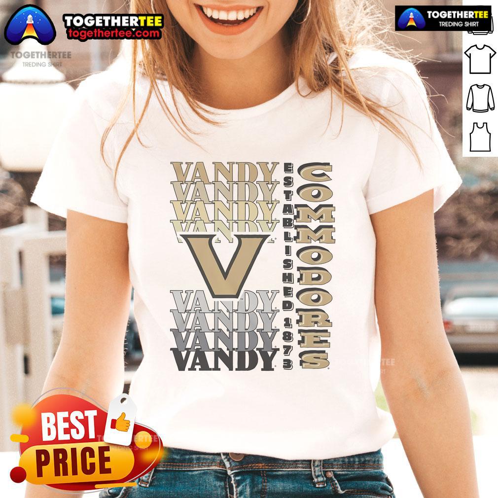 Alt Text: Vanderbilt Commodores gradient wordmark ladies tee in black and gold, perfect for fans and casual wear.