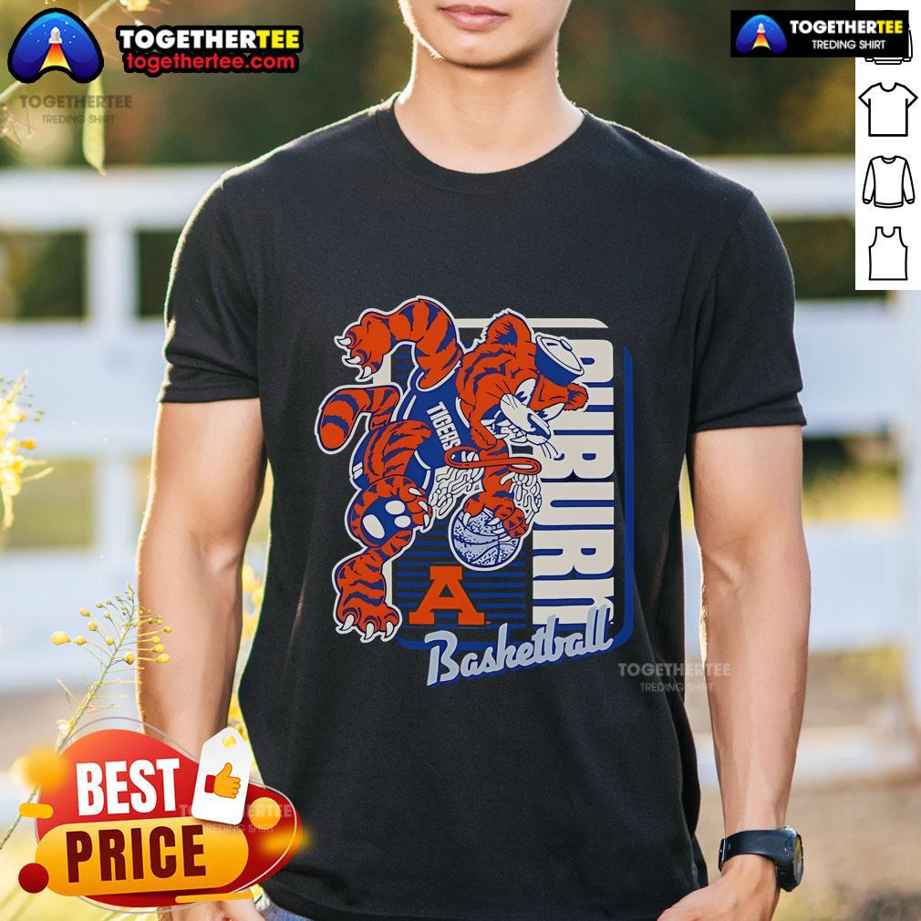 Official Auburn Tigers Basketball Mascot Dunk 2025 T-Shirt featuring vibrant graphics and team colors for fans.