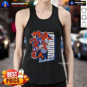 Alt Text: Official Auburn Tigers basketball mascot performing a dunk while wearing a 2025 tank top, showcasing team spirit.