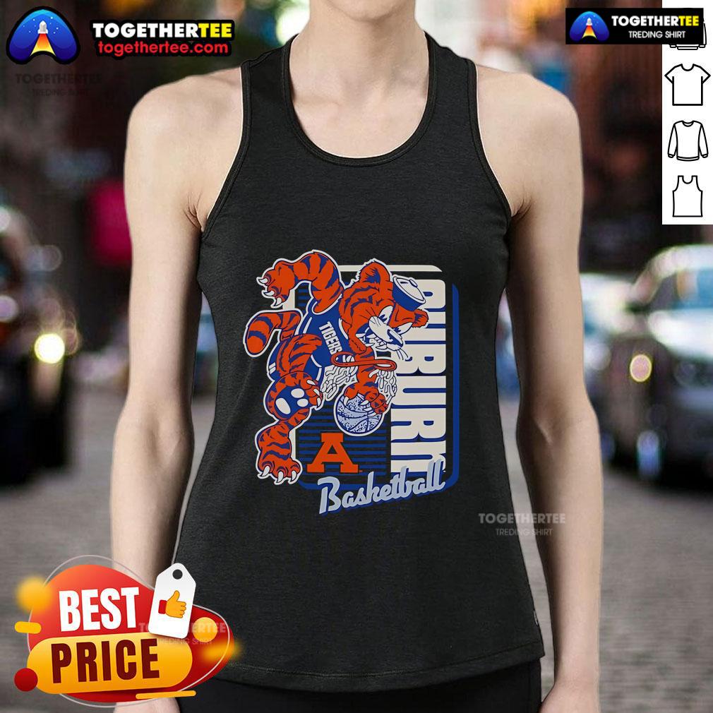 Alt Text: Official Auburn Tigers basketball mascot performing a dunk while wearing a 2025 tank top, showcasing team spirit.