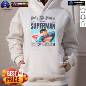Official Daily Planet Superman newspaper hoodie featuring iconic logo and stylish design for superhero fans.