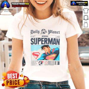 Official Daily Planet Superman newspaper ladies tee featuring iconic superhero graphic for stylish fans.