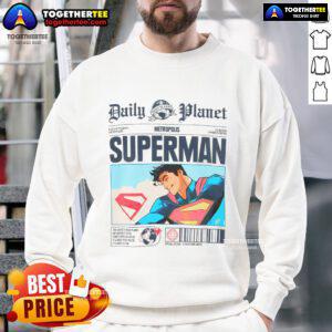 Official Daily Planet Superman newspaper sweatshirt featuring iconic logo and stylish design for fans of comics and superheroes.