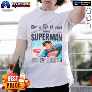 Official Daily Planet Superman newspaper T-shirt featuring iconic logo and vintage design for superhero fans.