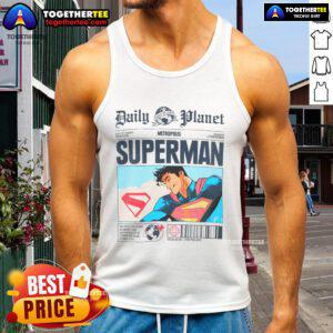 Official Daily Planet Superman newspaper tank top featuring bold graphics and classic comic style design.