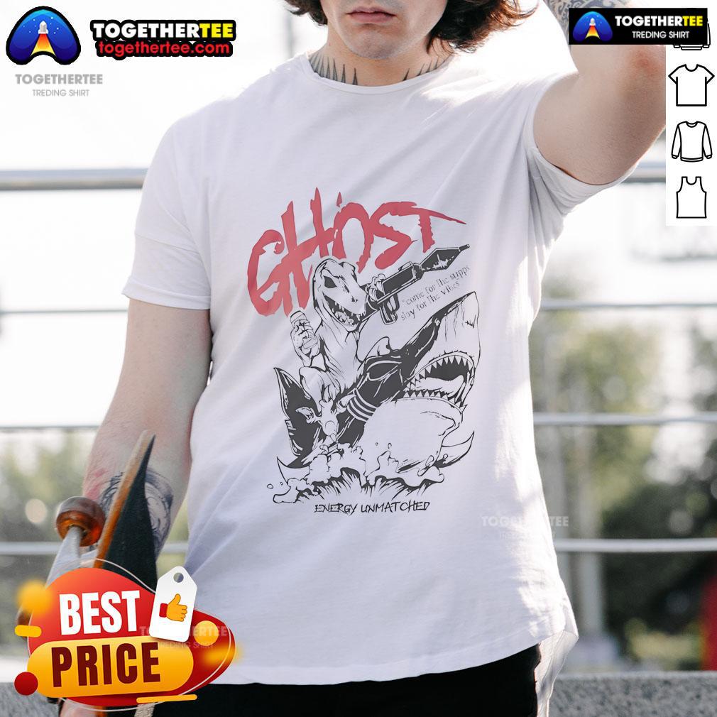 Official Ghost Icon Energy T-Shirt featuring 'Unmatched Come For The Supps Slay For The Vibes' design in vibrant colors.
