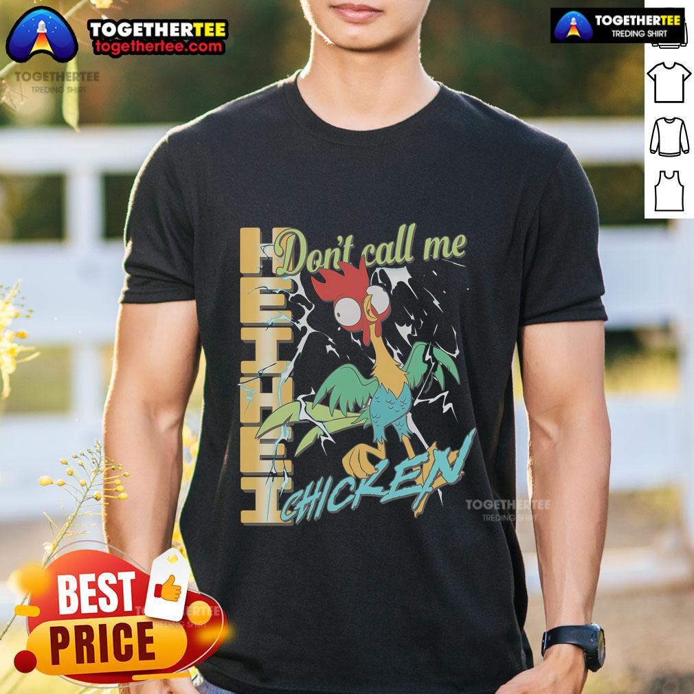 Official Heihei Don't Call Me Chicken T-Shirt featuring vibrant graphics of Heihei from Moana on a stylish black background.