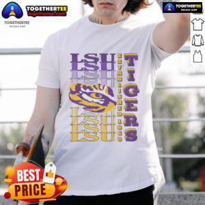 Alt Text: Official LSU Tigers Gradient Wordmark T-Shirt featuring vibrant colors and team logo on a stylish design.