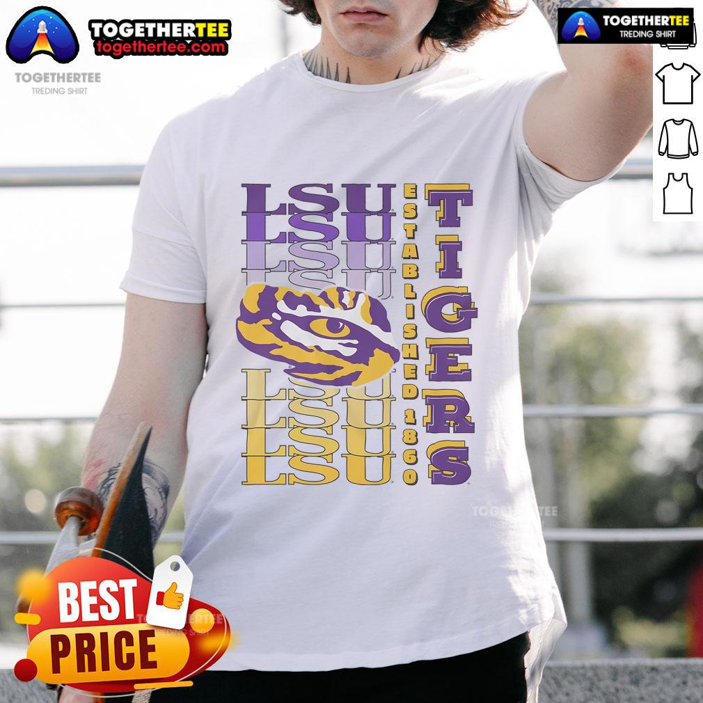 Alt Text: Official LSU Tigers Gradient Wordmark T-Shirt featuring vibrant colors and team logo on a stylish design.