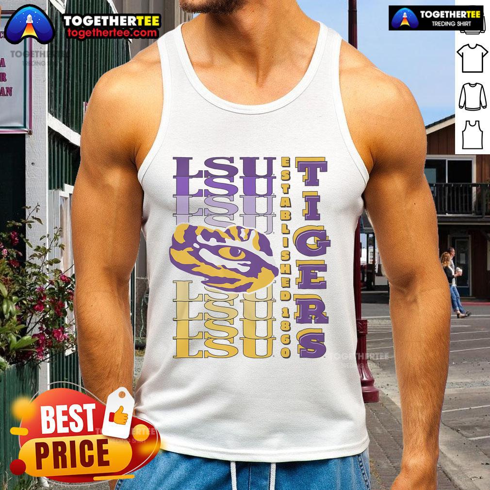 Official LSU Tigers gradient wordmark tank top featuring vibrant colors and bold team logo for fans and athletes.