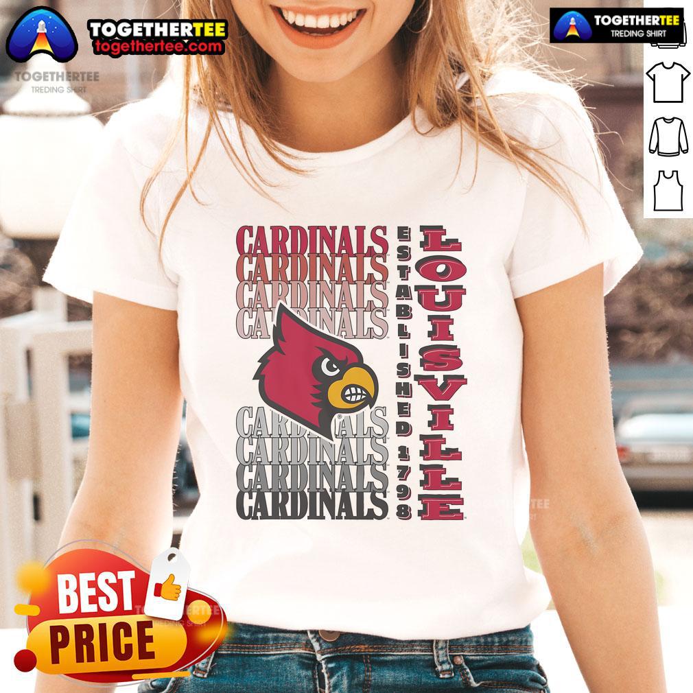 Alt Text: Official Louisville Cardinals Gradient Wordmark Ladies Tee featuring vibrant colors and stylish design for fans.