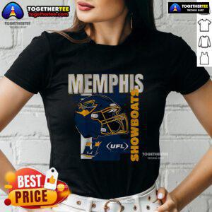Alt Text: Official Memphis Showboats helmet frame on a UFL ladies tee, showcasing team pride and style for fans.