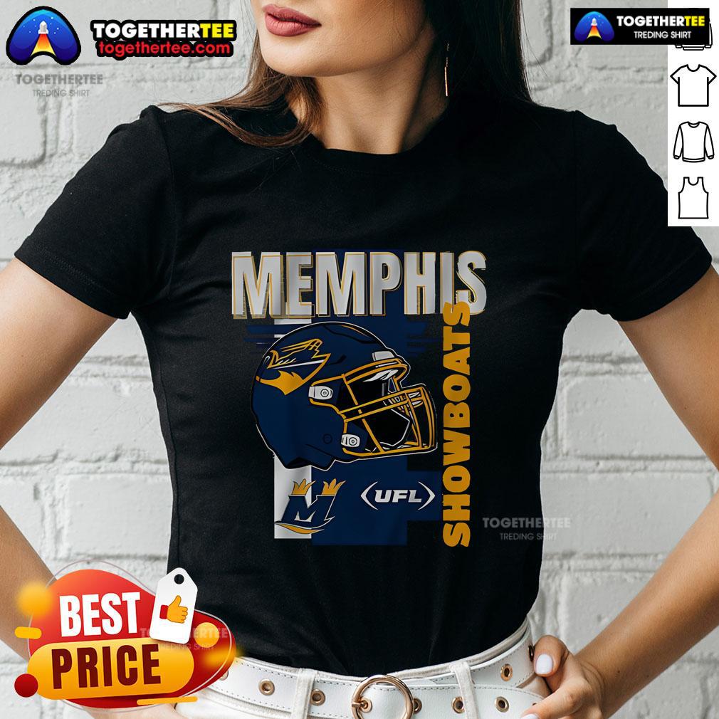 Alt Text: Official Memphis Showboats helmet frame on a UFL ladies tee, showcasing team pride and style for fans.