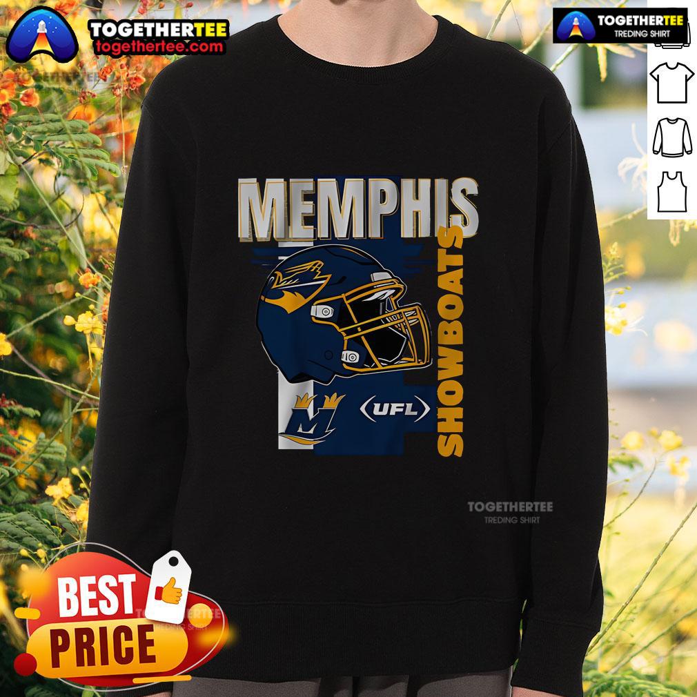 Official Memphis Showboats helmet frame UFL sweatshirt showcasing team pride and vintage sports style.