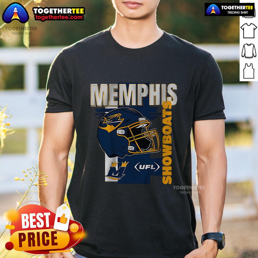 Official Memphis Showboats Helmet Frame UFL T-Shirt showcasing team spirit and style for fans.