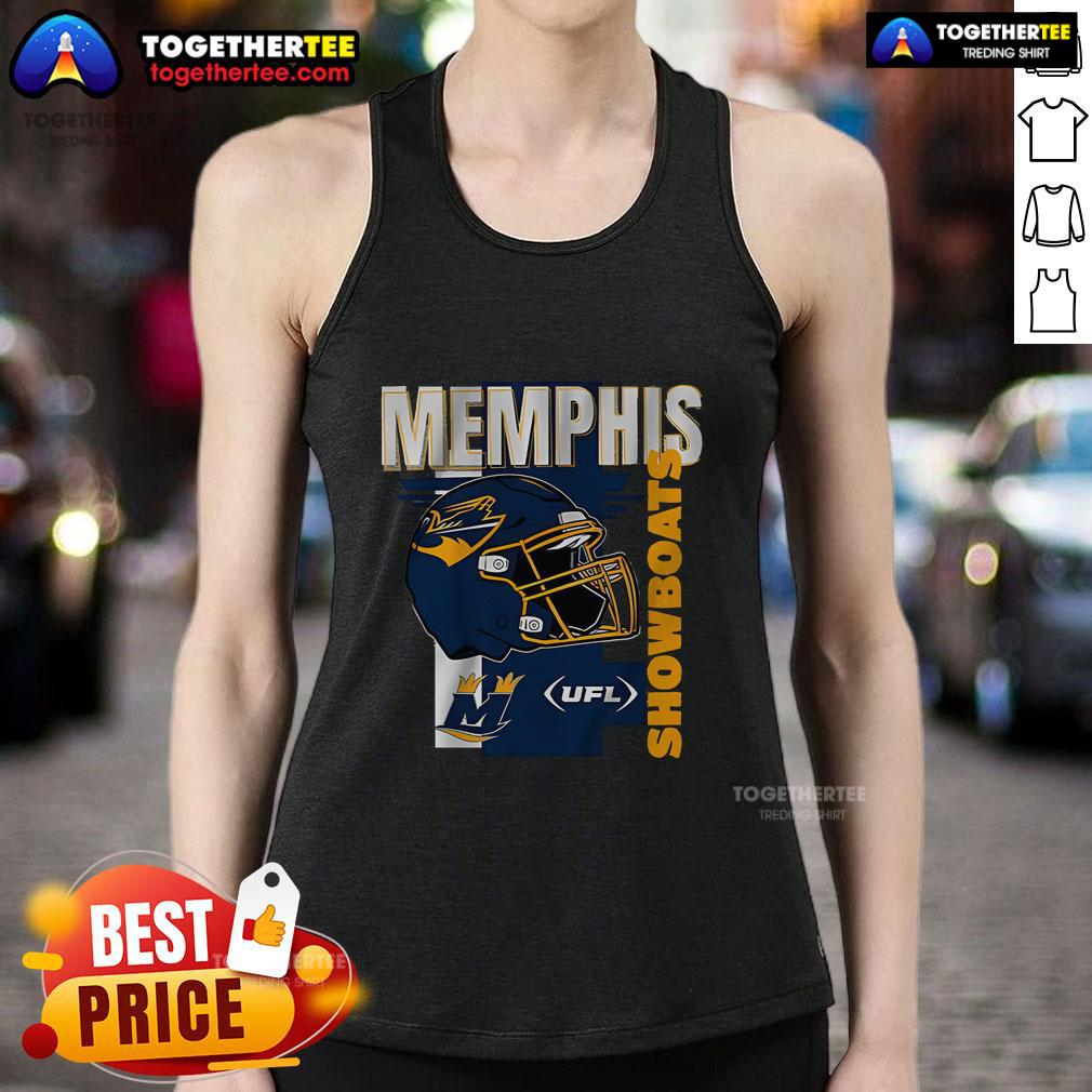 Official Memphis Showboats helmet frame displayed on UFL tank top, showcasing team pride and sports memorabilia.