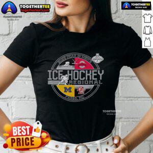 Alt Text: Official NCAA DI Men's Ice Hockey Regional 2025 Fargo ND Ladies Tee featuring team colors and logo design.