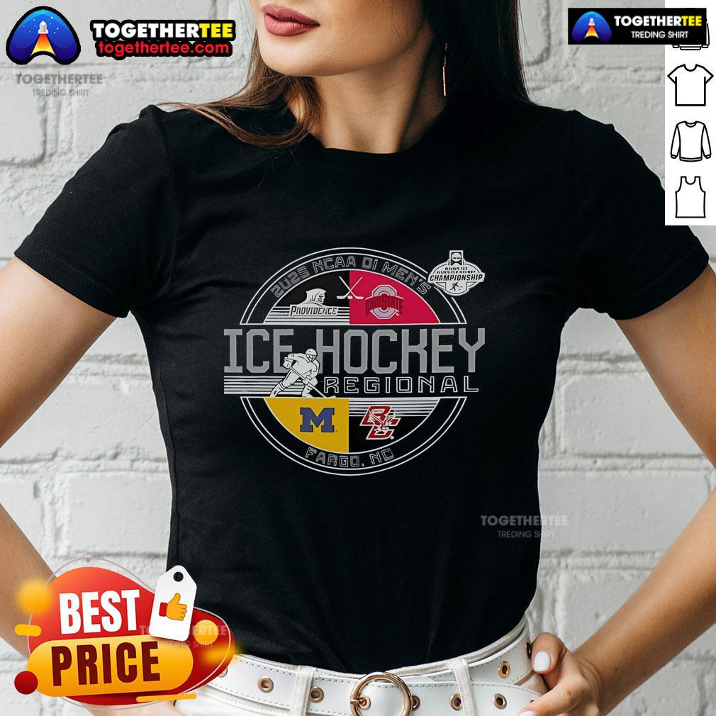 Alt Text: Official NCAA DI Men's Ice Hockey Regional 2025 Fargo ND Ladies Tee featuring team colors and logo design.